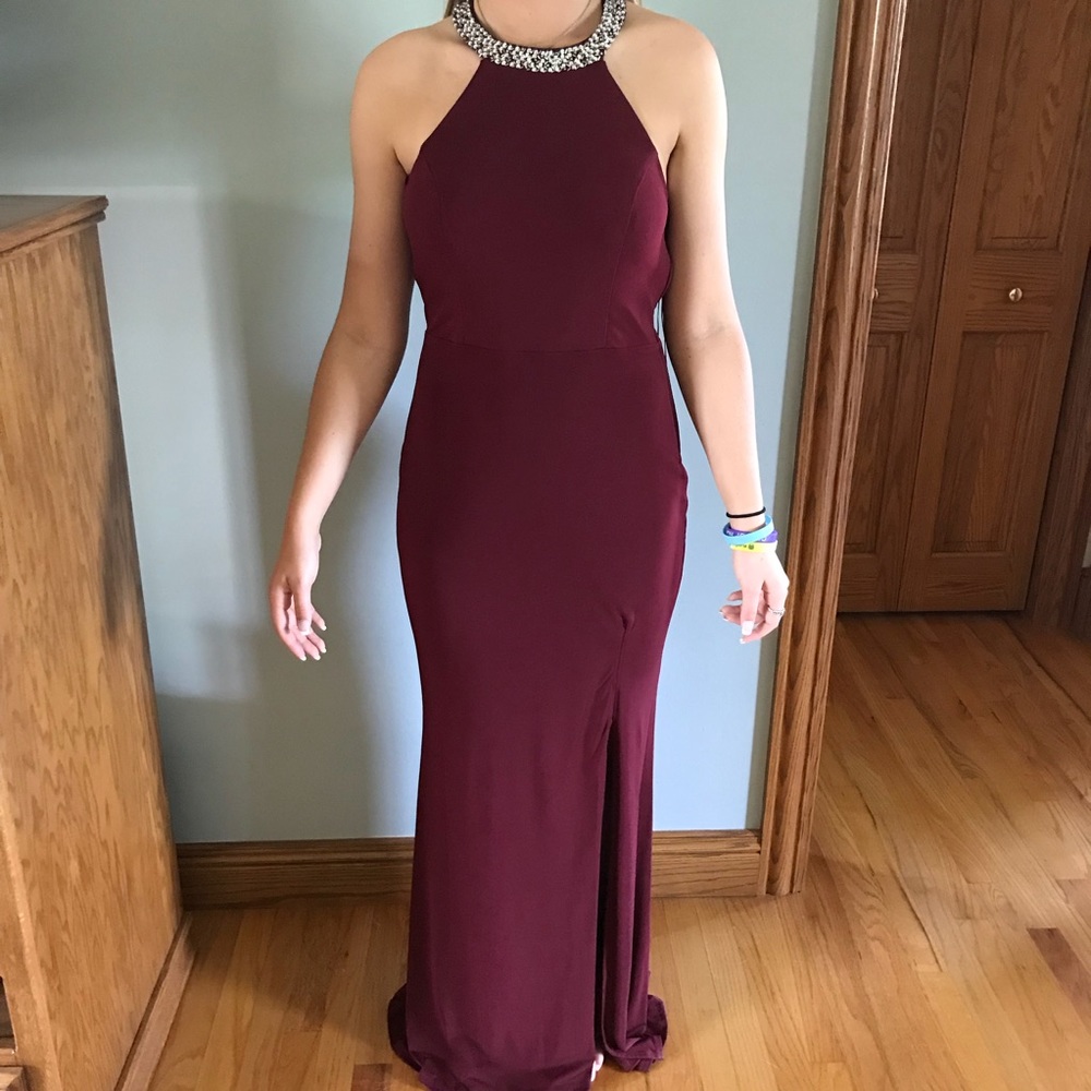 City Triangles maroon high neck prom dress